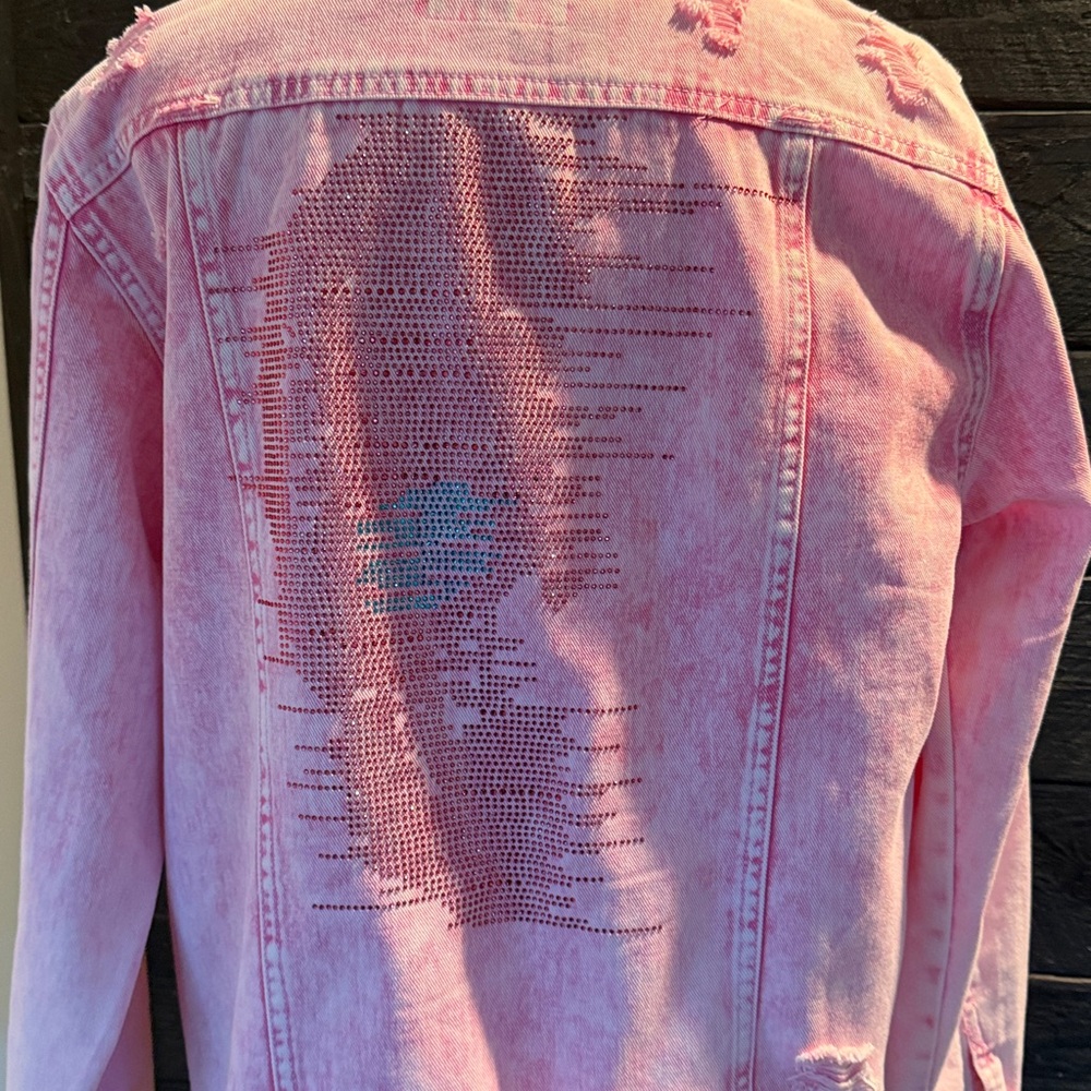 Pink Distressed Denim Jacket 💀 - Picture 2 of 5